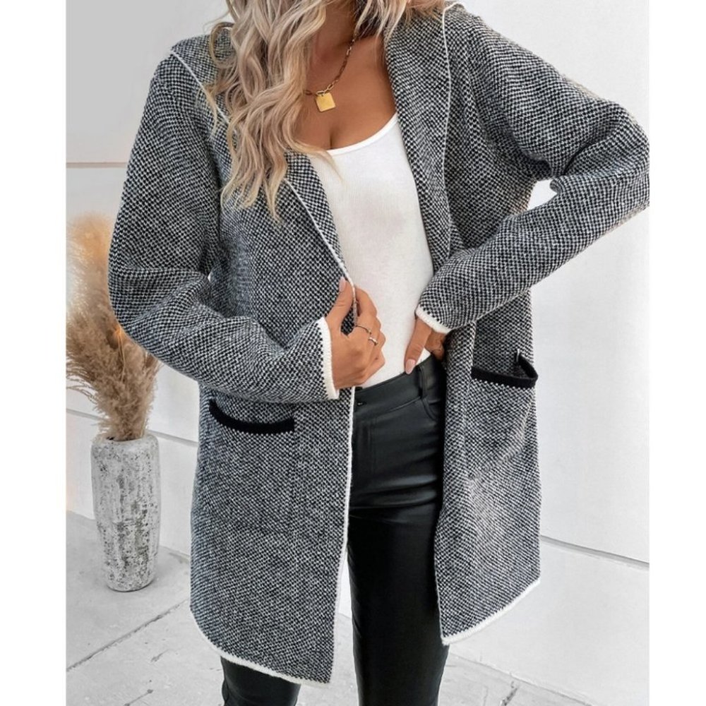 Pocketed Hooded Black Binding detailed knit sweater Cardigan